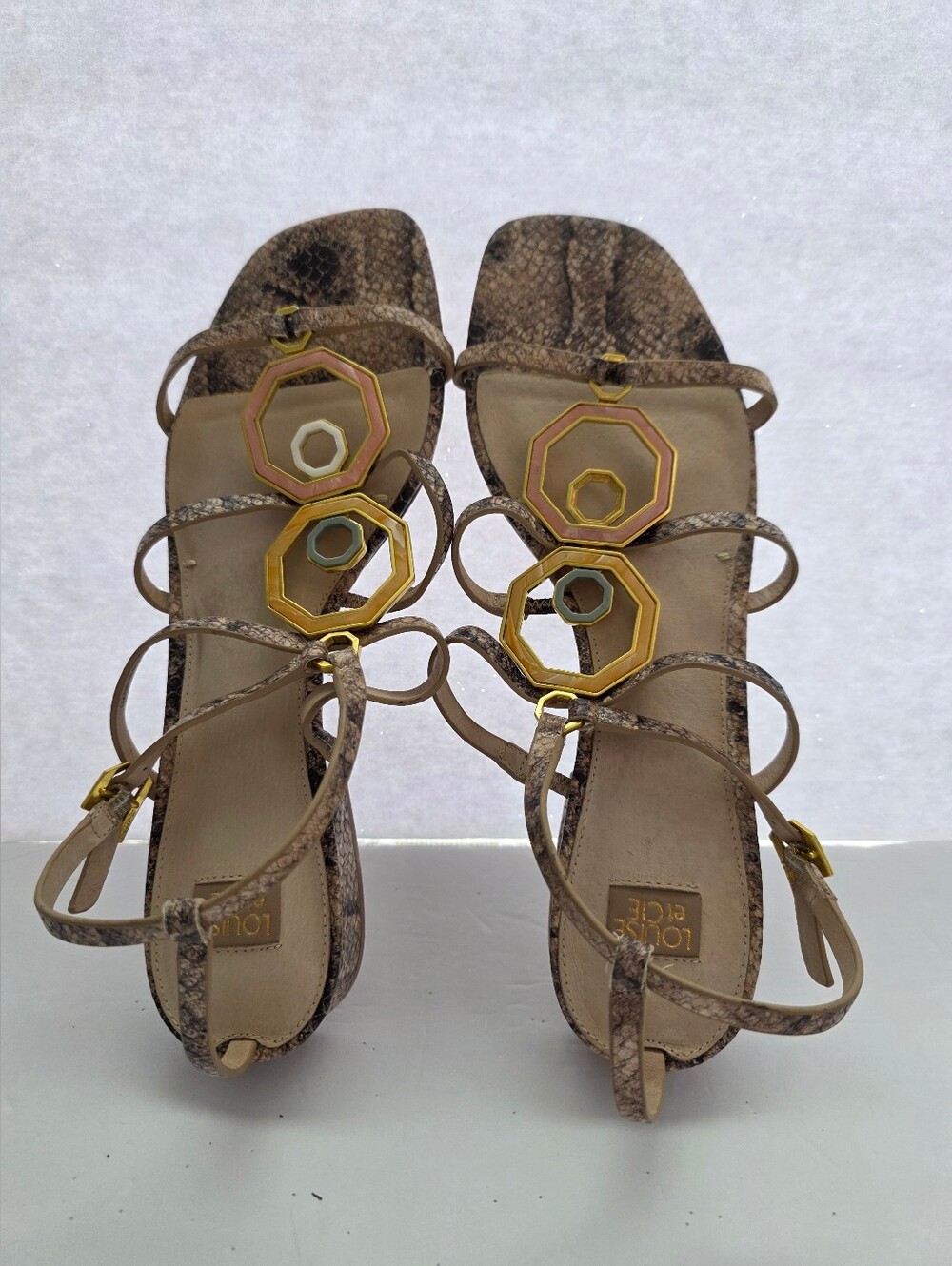 Louise et Cie Eissa Snakeskin Enamel Geometric Strappy Sandals Brown/Orange 11M